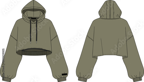 Technical fashion sketch of olive green cropped hoodie with balloon sleeves, black drawstring hood, ribbed cuffs and hem, front and back view for garment design illustration