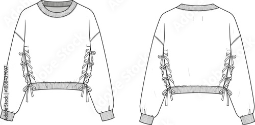 Technical fashion sketch of long-sleeve pullover top with lace-up bow side detail, ribbed crew neckline, cuffs and hem, front and back view for garment illustration