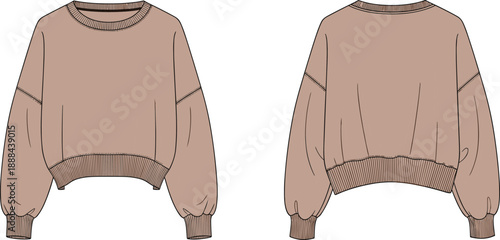 Technical fashion sketch of cropped sweatshirt with balloon sleeves, dropped shoulders, curved ribbed hem, front and back view for garment design and apparel illustration