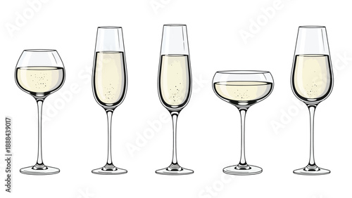 Collection of various champagne glasses filled with sparkling wine, ready for celebration.