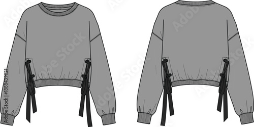 Technical fashion sketch of cropped sweatshirt with side tie ribbon detail, ribbed crew neckline, cuffs and hem, front and back view for garment design illustration