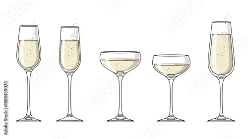 Various styles of champagne glasses filled with sparkling wine.