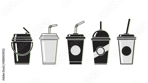 Collection of various disposable beverage cups with straws, black and white illustration.