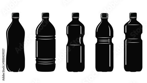 Collection of various plastic bottles for beverages and liquids.
