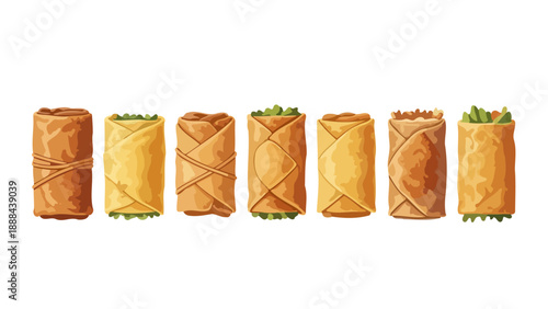 A row of crispy golden spring rolls and egg rolls, a delicious Asian appetizer.