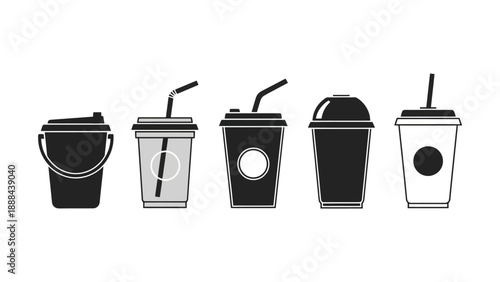 Collection of various disposable beverage cups with lids and straws.