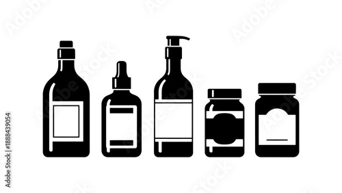 Collection of various black silhouette bottles and jars with blank labels.