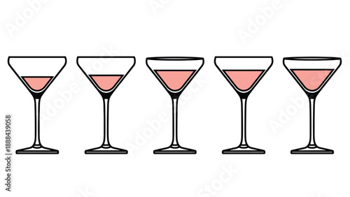 Five martini glasses with varying levels of pink liquid, arranged in a row.