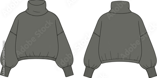 Technical fashion sketch of dark turtleneck sweater with balloon sleeves, dropped shoulders, ribbed cuffs and hem, front and back view for garment design and illustration