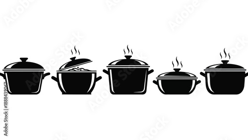 Collection of five black silhouette cooking pots with steam rising, illustrating various kitchenware for culinary use.