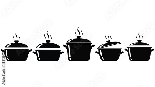 Collection of five steaming cooking pots in black silhouette.
