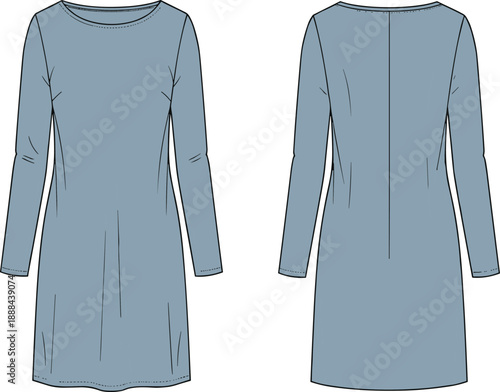 Technical fashion sketch of muted blue midi dress with long sleeves, round neckline, pleated shaping, front and back view for garment design and illustration