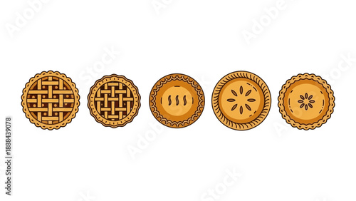 Five delicious homemade pies with various crust designs arranged in a row.