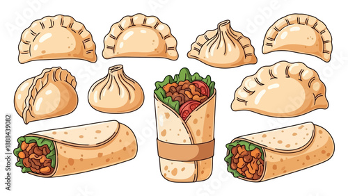 Assortment of delicious dumplings and burritos, a culinary delight.