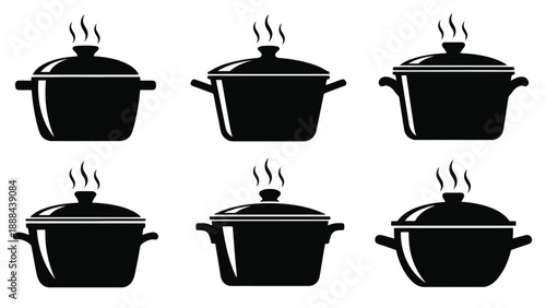 Collection of six black silhouette cooking pots with steam rising, isolated on a white background.