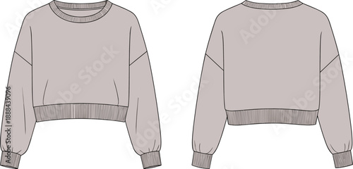 Technical fashion sketch of cropped sweatshirt with crew neckline, dropped shoulders, ribbed cuffs and hem, front and back view for garment design and apparel illustration