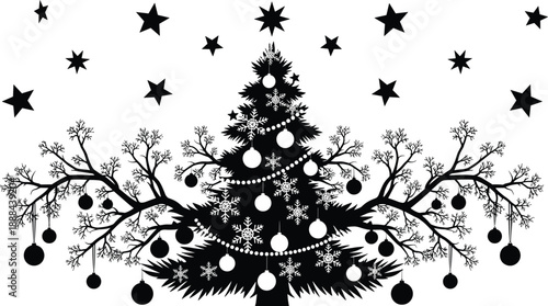 Black silhouette of a decorated Christmas tree with stars and snowflakes for holiday season background, winter celebration, and festive card design isolated on a white.