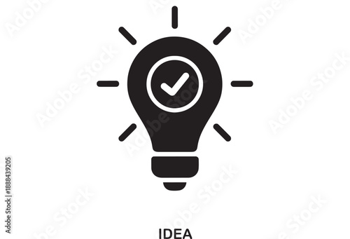 Black solid icon of a lightbulb with rays and a checkmark inside, symbolizing a good idea or successful concept. Flat design graphic.