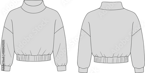 Technical fashion sketch of long-sleeve pullover with high neckline, dropped shoulders, ribbed cuffs and hem, front and back view for garment design