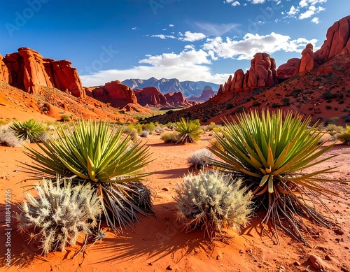 A desert landscape with red rock formations, blue sky, and green plants