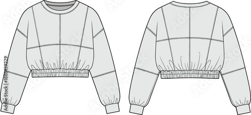 Technical fashion sketch of cropped sweatshirt with crew neck, gathered waistband, seam panel details, front and back view for apparel design and garment construction