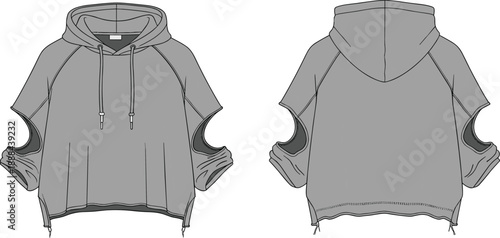 Technical fashion sketch of hooded short-sleeve top with raglan sleeves, circular cutouts, adjustable hem, front and back view for garment design