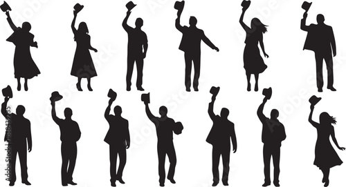 Silhouettes of people celebrating with hats in the air