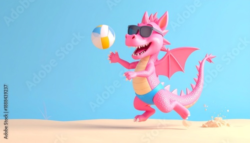 Adorable 3D cartoon-style pink dragon-wolf character playing beach volleyball on a sunny tropical shore. The cute fantasy creature is wearing colorful swim trunks and jumping 