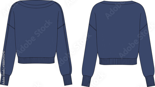 Technical fashion sketch of cropped sweatshirt with crew neckline, dropped shoulders, ribbed cuffs and waistband – front and back views for garment design.
