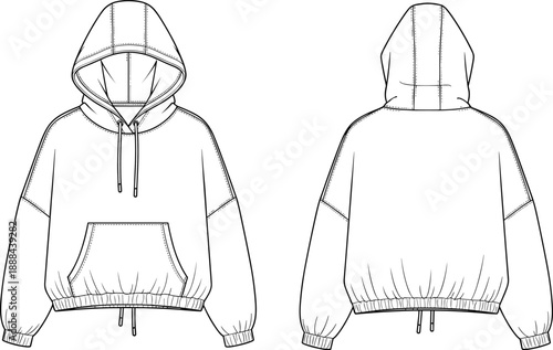 Technical fashion sketch of hooded sweatshirt with drawstring hood, kangaroo pocket, ribbed cuffs and hem – front and back views for garment design.