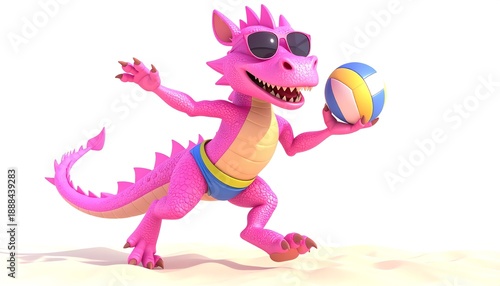 Adorable 3D cartoon-style pink dragon-wolf character playing beach volleyball on a sunny tropical shore. The cute fantasy creature is wearing colorful swim trunks and jumping 