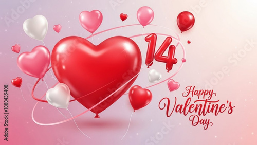 Elegant 3D rendering of a large red heart balloon surrounded by smaller pink and white balloons with a floating number 14 and "Happy Valentine's Day" calligraphy.