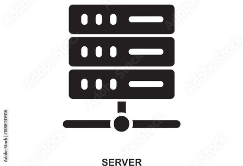Black minimalist icon of a three-tier server rack connected by lines and circles on a white background, representing data storage and network infrastructure.
