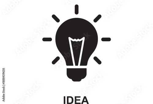 Simple black outline of a lightbulb with radiating lines, representing innovation, inspiration, or a new idea, with the word IDEA below.