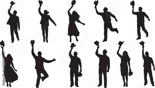 Silhouettes of people celebrating with diplomas and graduation caps