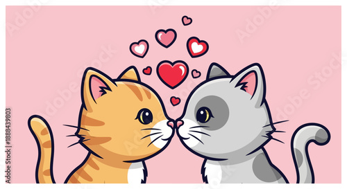Cute cartoon cats touching noses with hearts floating above them on a pink background, symbolizing love and affection.
