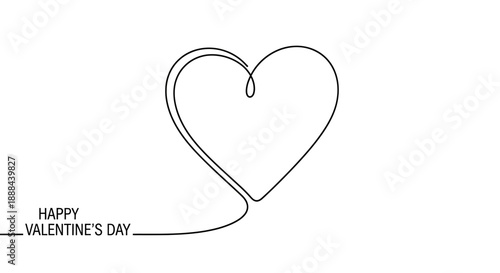 Continuous line art drawing of a heart shape with 'Happy Valentine's Day' text, symbolizing love and celebration on a clean white background.