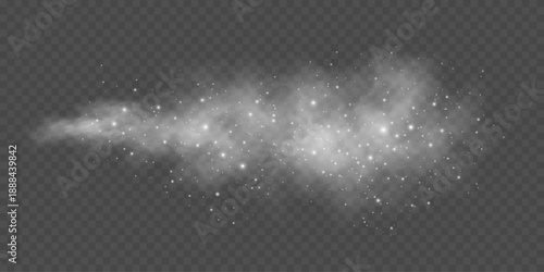 Spray effect with glowing dust effect on a transparent background. Atmosphere element for overlaying on images, beauty scenes or weather visual effects. Vector illustration.