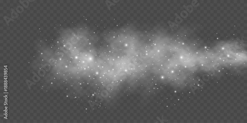 White spray with glowing dust effect on a transparent background. Atmosphere element for overlaying on images, beauty scenes or weather visual effects. Vector illustration.