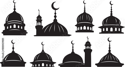 Silhouette of Mosques with Domes and Crescent Moons