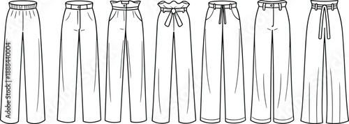 Flat fashion of women's wide-leg palazzo pants front views showcasing different waistline styles and closures for apparel