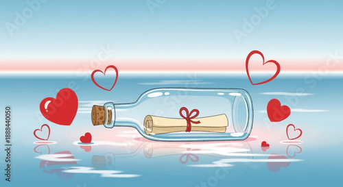 A message in a bottle floating on calm blue water surrounded by red hearts, symbolizing love and romance.