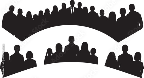 Silhouettes of diverse groups of people in various settings together