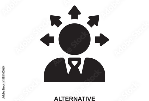 Black flat icon of a person in a suit with arrows pointing in multiple directions from their head, symbolizing choices and options.