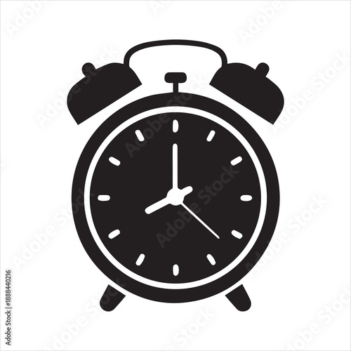 Black Vintage Alarm Clock Icon Isolated on White Background – Retro Wake-Up Clock Illustration