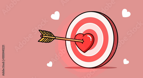 A golden arrow hitting the bullseye of a red and white target, piercing a heart in the center, set against a pink background with small white hearts.