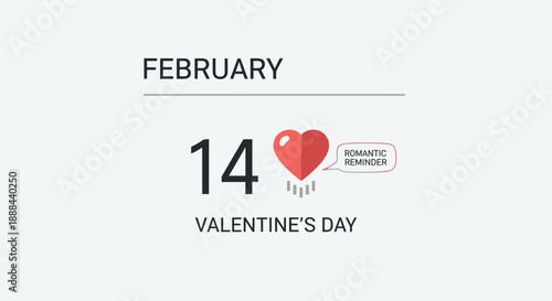 A graphic illustration of a calendar page showing February 14th, marked as Valentine's Day with a red heart and a romantic reminder.