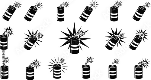Collection of black silhouette icons featuring dynamite sticks with lit fuses and explosive sparks isolated on white background for hazard warnings and comic book illustrations