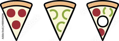 Three slices of pizza with different toppings pepperoni, green pepper, and mixed toppings