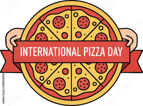 International pizza day celebration graphic with pepperoni pizza slices and banner